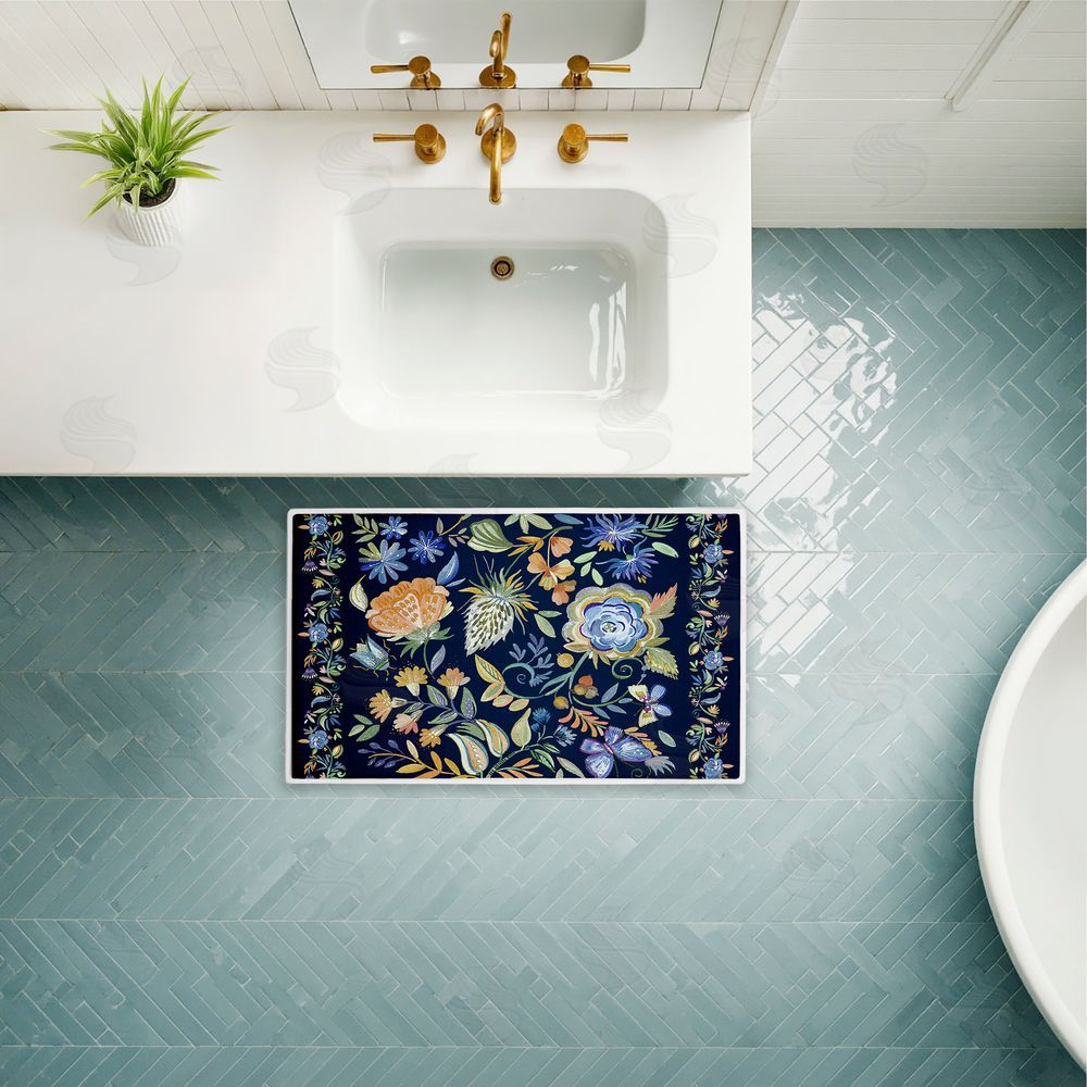 Ani Del Sol | Painted Blue Floral on Black Plush Bath Mat