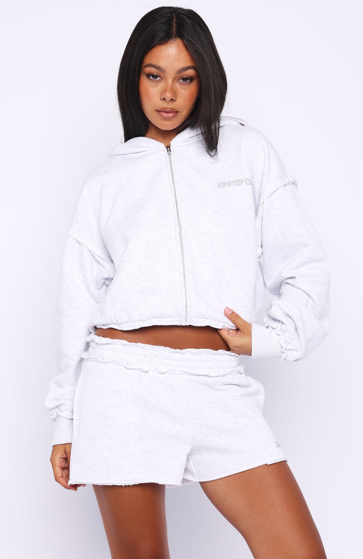 On My Own Terms Boxy Zip Front Hoodie Grey Marle