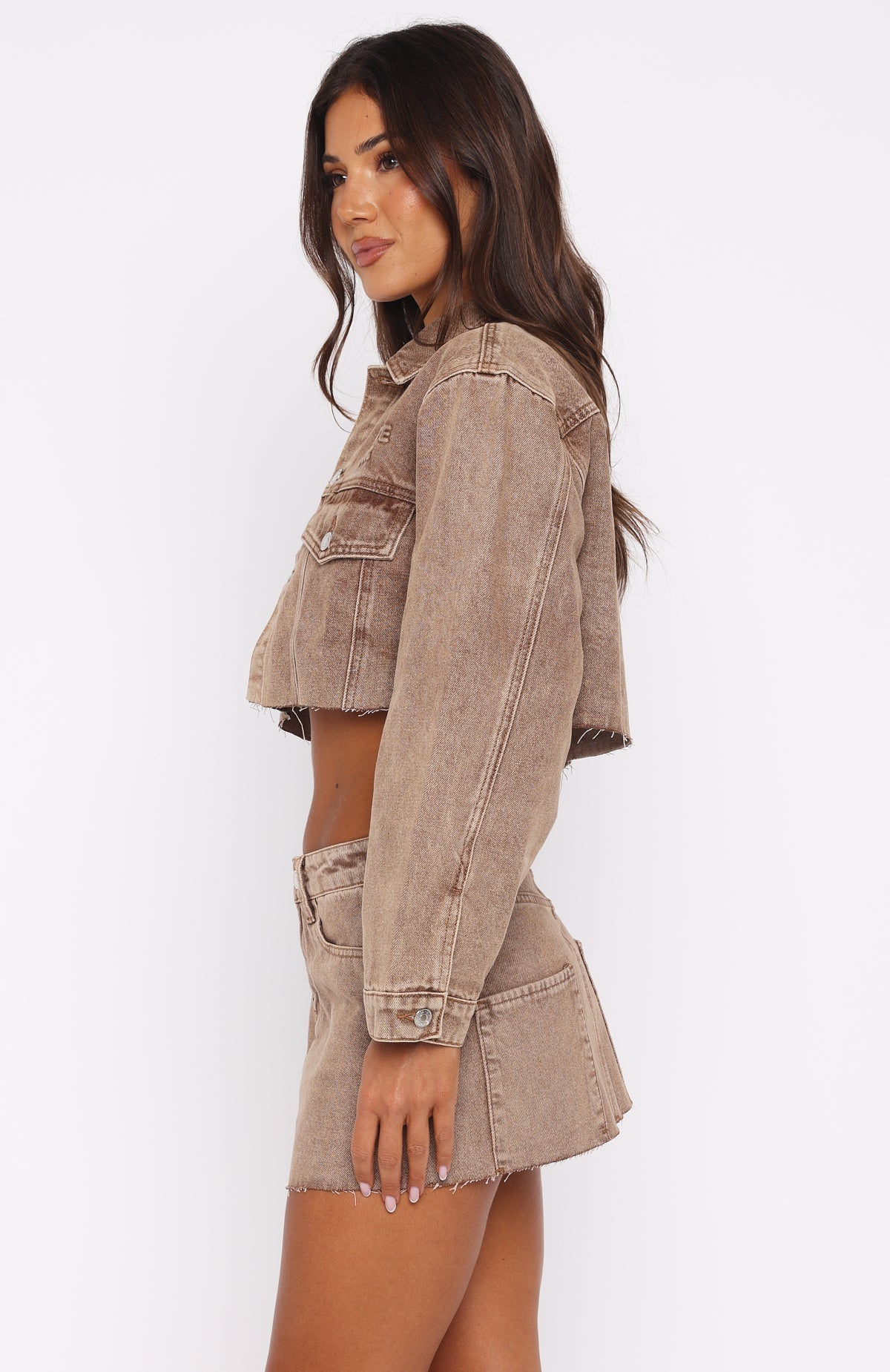 Something To Prove Cropped Denim Jacket Tan Wash
